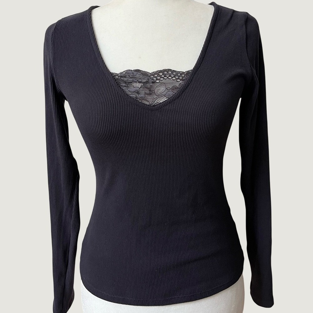 A New Day NWT Lace Trim Ribbed Long Sleeve Top Womens XS Black Y2K Feminine